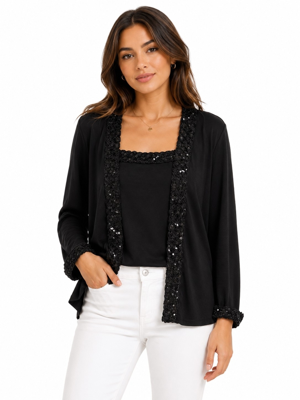 Black Sequin-Trim Open Blazer Jacket